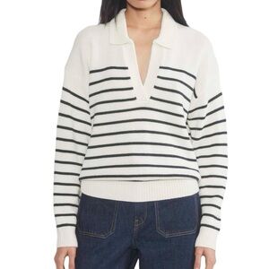 Aritzia Wilfred Sweater Merino Wool Clara Nautical Stripe Polo Cream Blue Size L